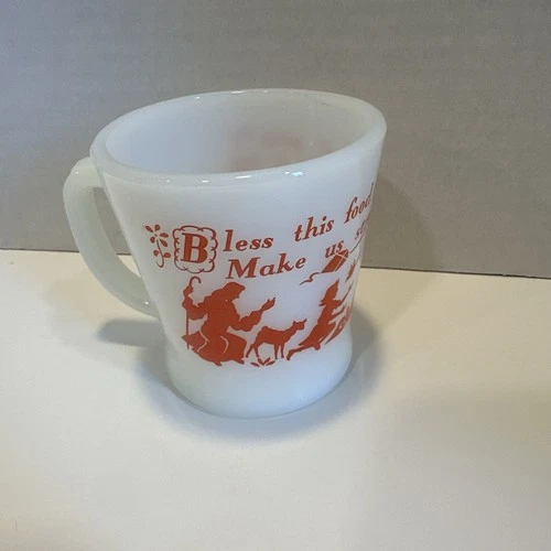 Vintage Fire King Anchor Hocking Mug D Handle Bless This Food Prayer Milk Glass