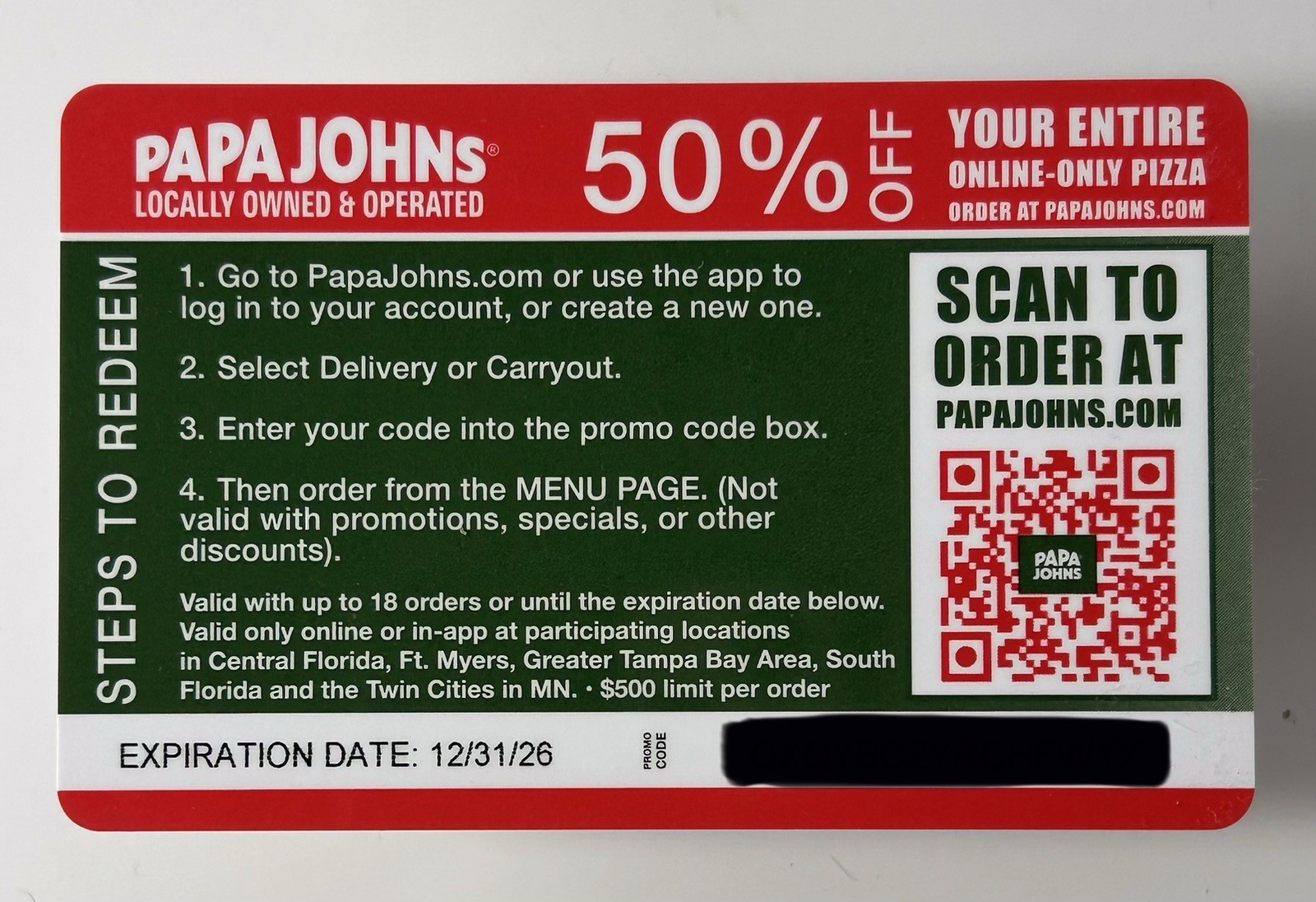 Papa John’s 50% Off Per Order Promo Card Good For Up To 18 Uses Exp.12/31/26
