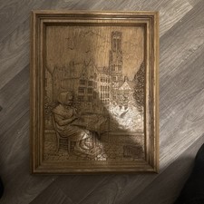 Vintage Hand Carved Panel Bruges Lace maker Wall Panel Decorative Signed Poppaz