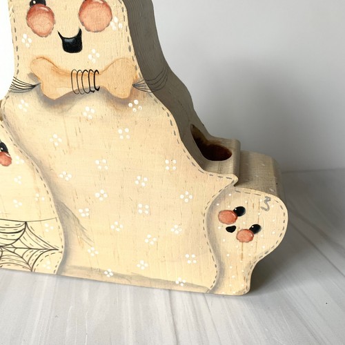 Halloween Candle Holder Wood Toleware Triple Happy Ghosts Hand Painted 80's 90's - Picture 4 of 14