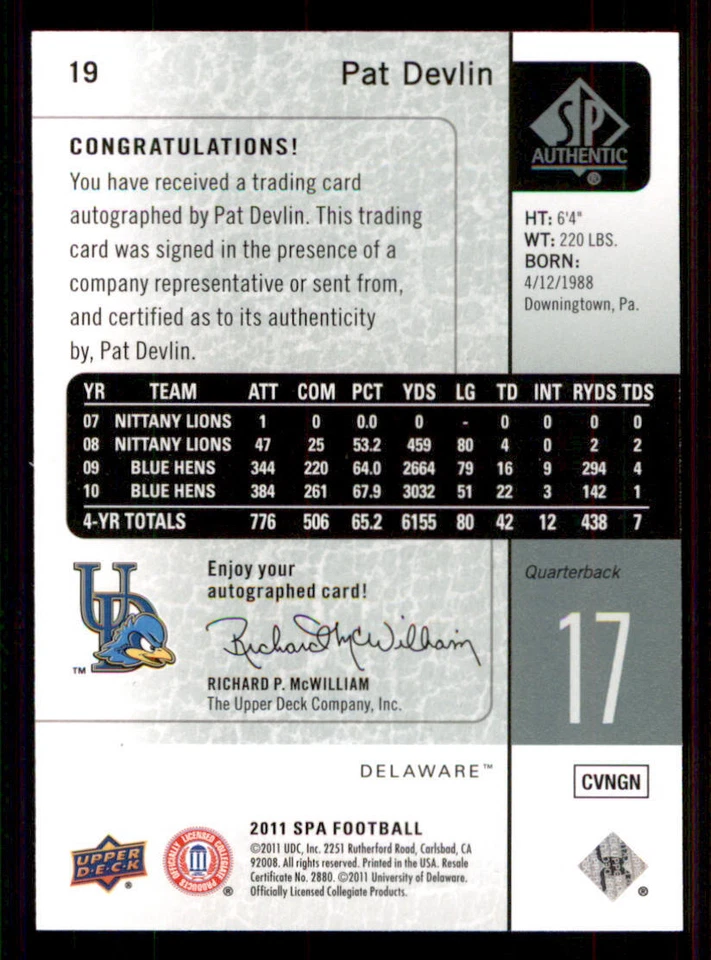 2011 SP Authentic AUTO #19 Pat Devlin E - Image 2 of 2