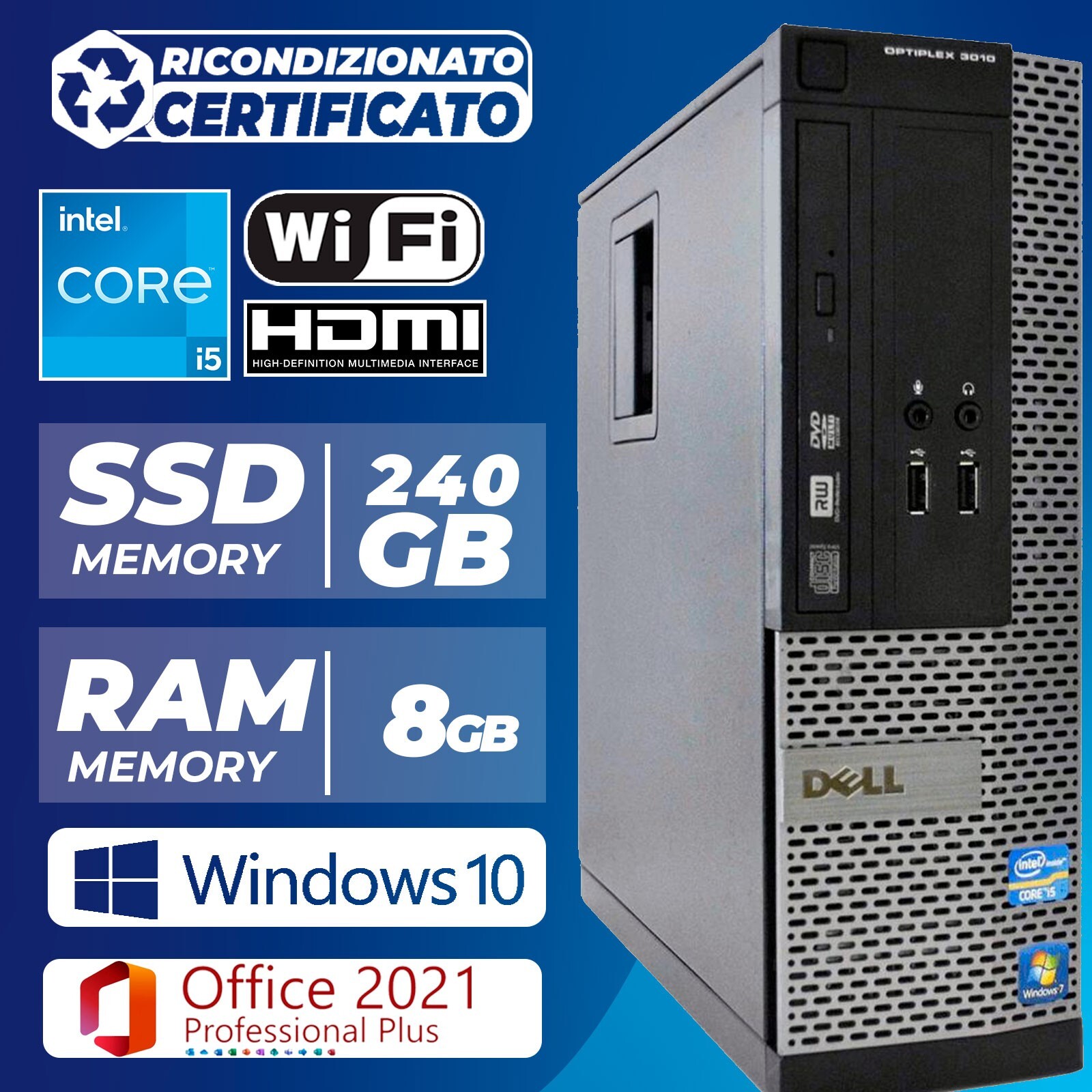 Pc Computer Desktop Fisso Ricondizionato Dell i5 Ram 8GB SSD 240GB Windows...