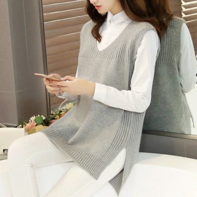 Damen Gestrickte Weste Midi Tank Preppy V-Ausschnitt Ärmellos Pullover - Bild 1 von 4