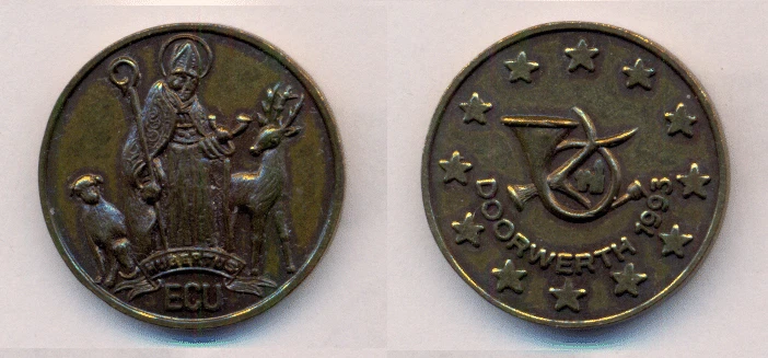 Medaille  NL Doorwert 1993  ECU  St. Hubertus + Hirsch / Jagdhorn  Tombak - Bild 1 von 1