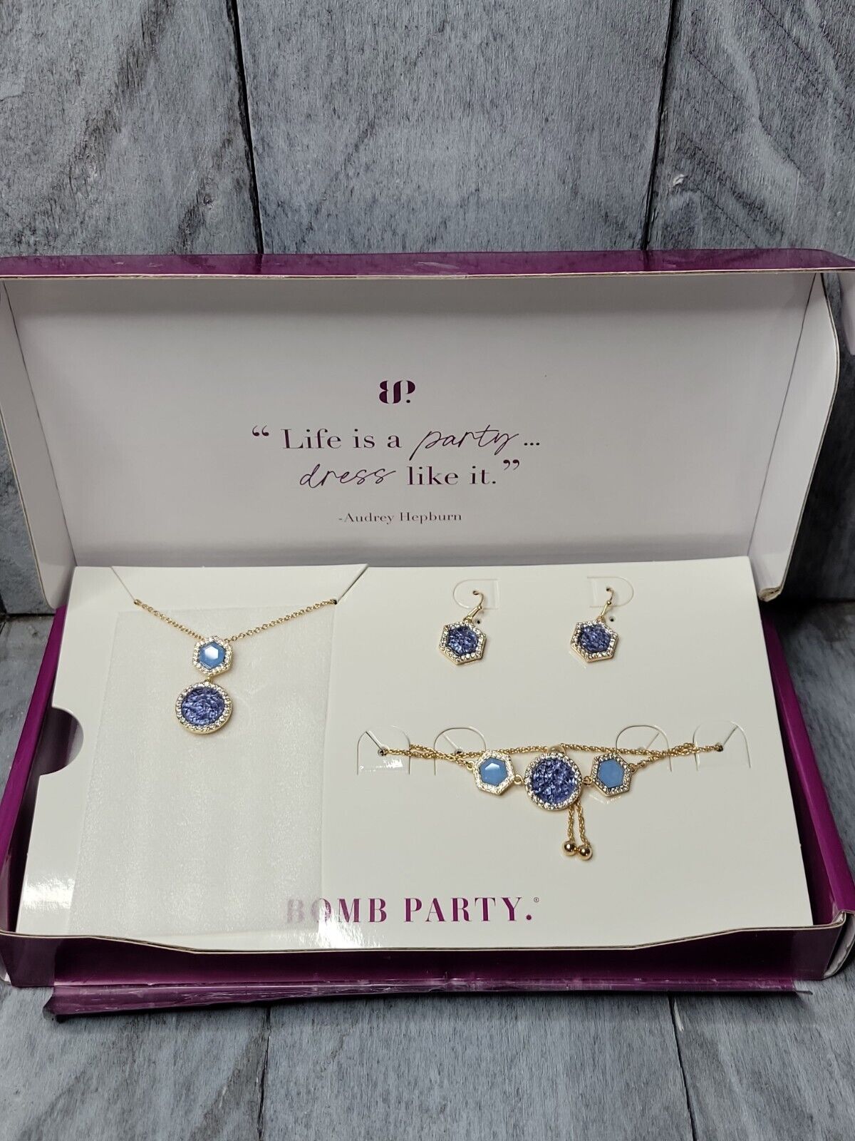 Bomb Party Matching Necklace Earring & Ring Set LC Sapphire Rose Gold  Plating