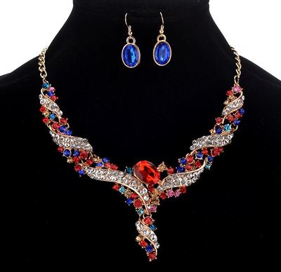 GOLDFARBENE KLARE & MEHRFARBIGE STRASS KRISTALL HALSKETTE OHRRINGE SET