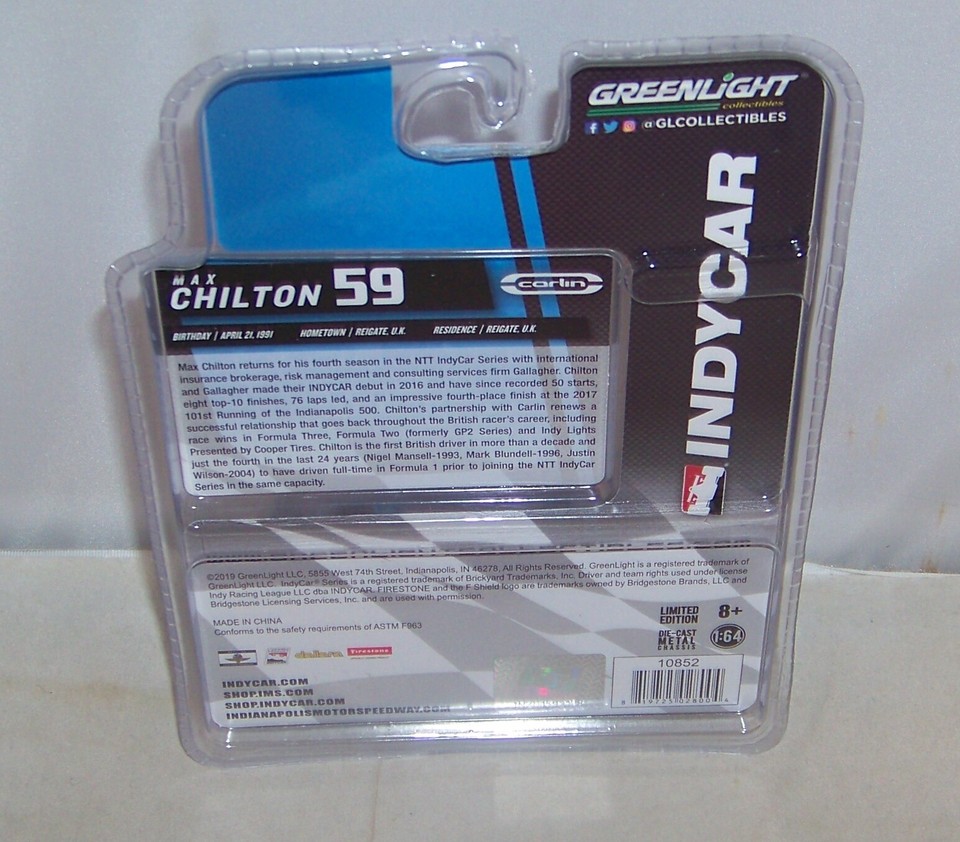 Greenlight 2018 #59 Max Chilton Gallagher | Indy 500 1/64 Diecast | Modello Auto Gialla