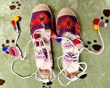 FUN!! "Cool By Coolway" Boho Espadrilles Size 38 Pom Poms and Tassels Lace-up