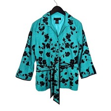 Women's Large Vintage SILK LAND 100 Silk Teal Green Blazer Jacket Floral Tie