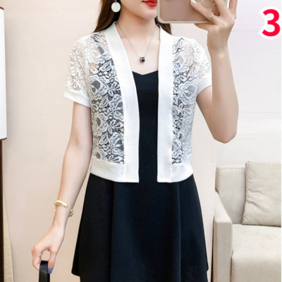 Offener Damen-Cardigan Spitze Blumenmuster Netz durchsichtig Achselzucken Bolero Kurzarm bauchfreies Oberteil