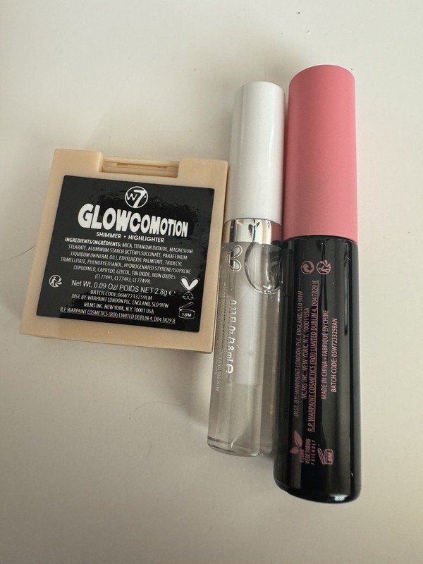 W7 London Mixed Makeup Glocomotion Shimmer Highlighter, Mascara, Clear Lip Gloss