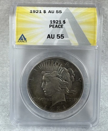 1921 Silver Peace Dollar / ANACS AU55 High grade Beautiful Toning