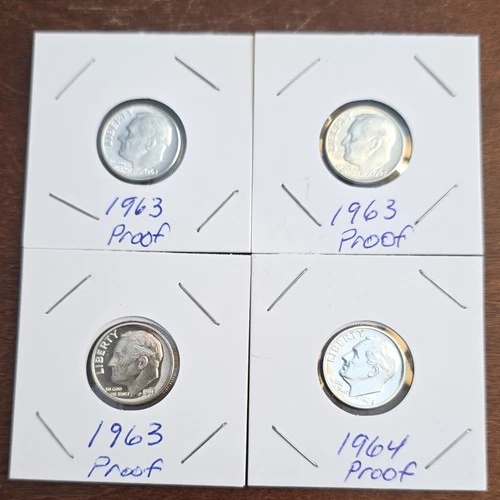 1963 & 1964 Roosevelt Dimes Proof Silver Lot of 4 Uncirculated Uncertified Coins