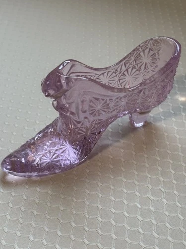 Vintage FENTON Pink Glass Daisy Button Pattern Cat Head Victorian Slipper Shoe
