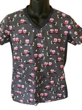 Cherokee Scrub Top Women's Small Gray Pink Owls Tree Branches V-Neck Short Sleev