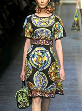 Dolce & Gabbana Runway SS2013 Cotton Sicilian Plates Jacquard A-Line Dress IT38