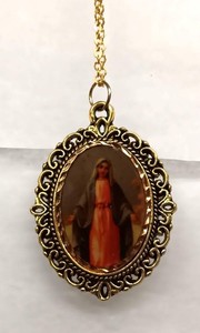 Picot Rim Goldtone Colorful Immaculate Miraculous Mary Medal Pendant Necklace