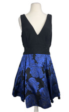 Xscape Fit & Flare Brocade Cocktail Dress sz 14 Blue Black NWT Illusion Floral