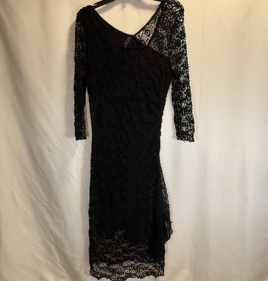 Elana Kattan Dress Large Asymmetrical Neck Black Lace Stretch Witch Goth Bodycon