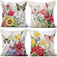 4 Pcs/Set Floral Pillow Covers Pink Yellow Flowers Green Leaves Butterflies P...
