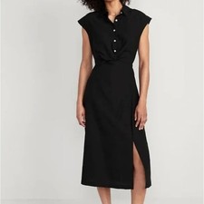 Old Navy Midi Dress Medium Black Button Up Short Sleeve Collared Cut Out Slit