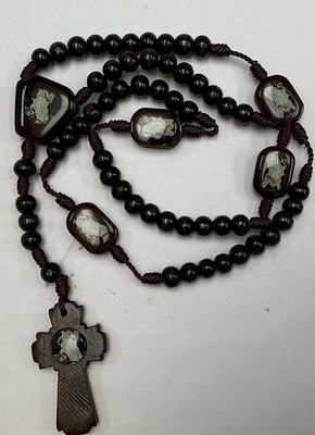 ROSARIO DE HILO Y MADERA NEGRA ANGEL GUARDIAN + ESTAMPITA ROSARY BLACK WOOD
