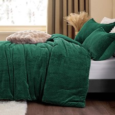 Fluffy Full Comforter Set - Furry Green Leaves Pattern Faux Fur Bed Set, Wint...