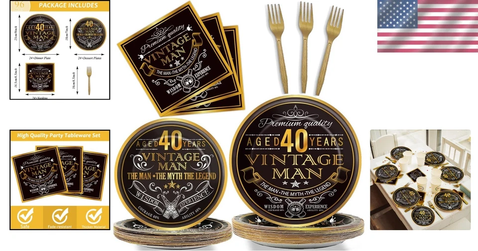 Juego de suministros de fiesta de cumpleaños 40 vintage para hombres 24 invitados platos de papel servilletas Foto 2 de 4