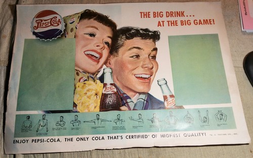 VINTAGE 1940s PEPSI COLA THE BIG DRINK AT THE BIG GAME! PAPER FOOTBALL AD POSTER