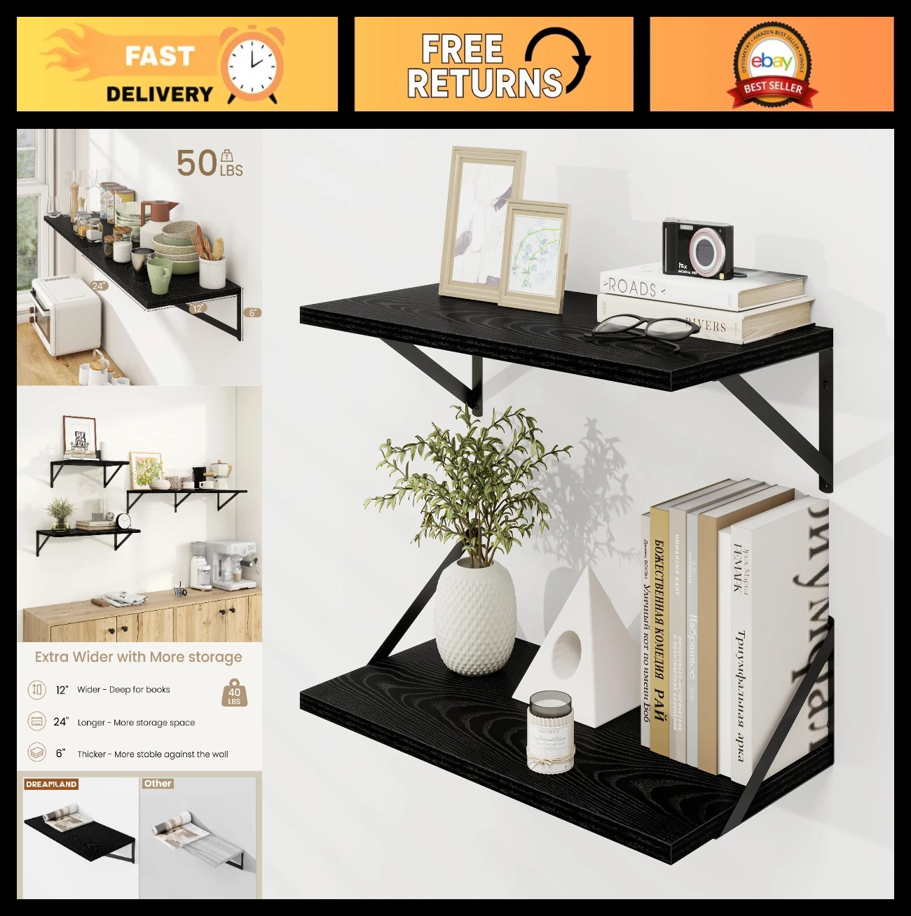 Large Black Floating Wall Shelves Set of 2 - 12x24 Inch Bathroom & Home Decor
