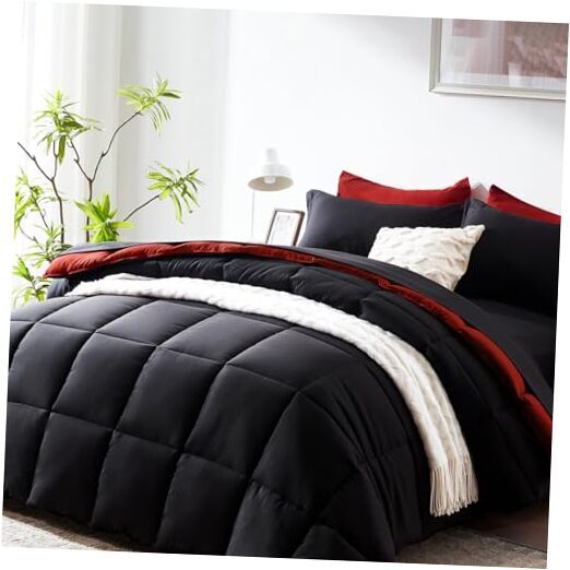 Comforter Set 7 Pcs, Black and Red Bed in a Bag, All Season Queen Black/Red