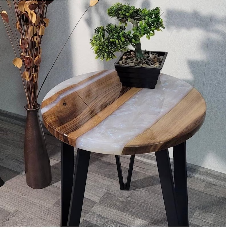 White Epoxy Resin Wood Coffee Table - Center or Dining Table with Stand-image