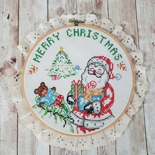 Vintage Embroidery Merry Christmas Wall Hanging Needlepoint Handmade Holiday