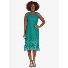 VESTIDO MIDI 2X Ojales Crochet Isaac Mizrahi Live QVC 22W 24W Encaje Verde Pavo Real
