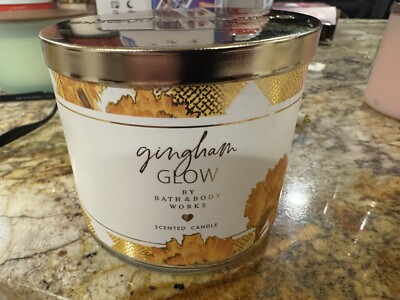 Bath Body Works Candle GINGHAM GLOW 3-wick Jar 14.5 oz Gold Nectar Marigold