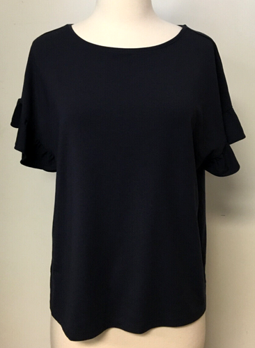 Ann Taylor Damen Gr. Medium Shirt schwarz Baumwolle Strick mit Rüschenärmeln