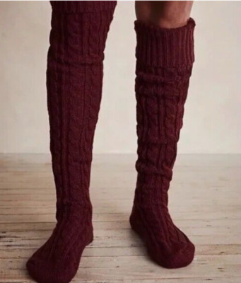 NWT Free People Alpine Over The Knee Chunky Cable Knit Socks Red Burgundy