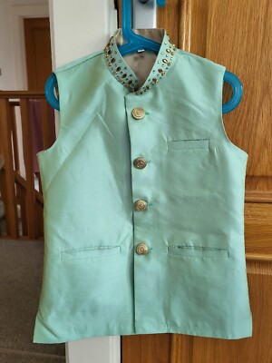 Boys Nehru Jacket Waistcoat Mint Green Silk Gold Kurta Pajama Age