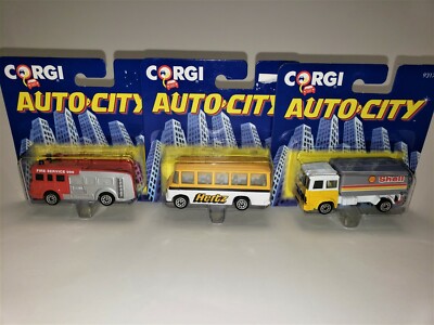 3 Corgi Auto City Fire Service Firetruck Shell Tanker Truck Hertz Shuttle Bus