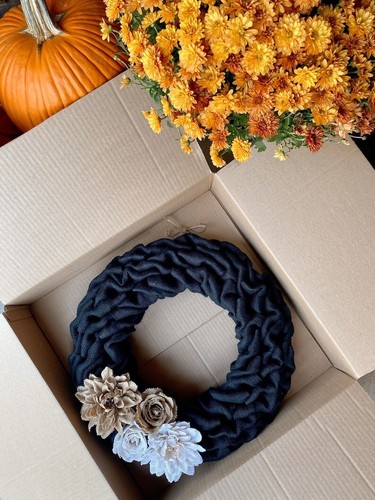 14" Black Farmhouse Burlap Wreath HANDMADE - Picture 2 of 3