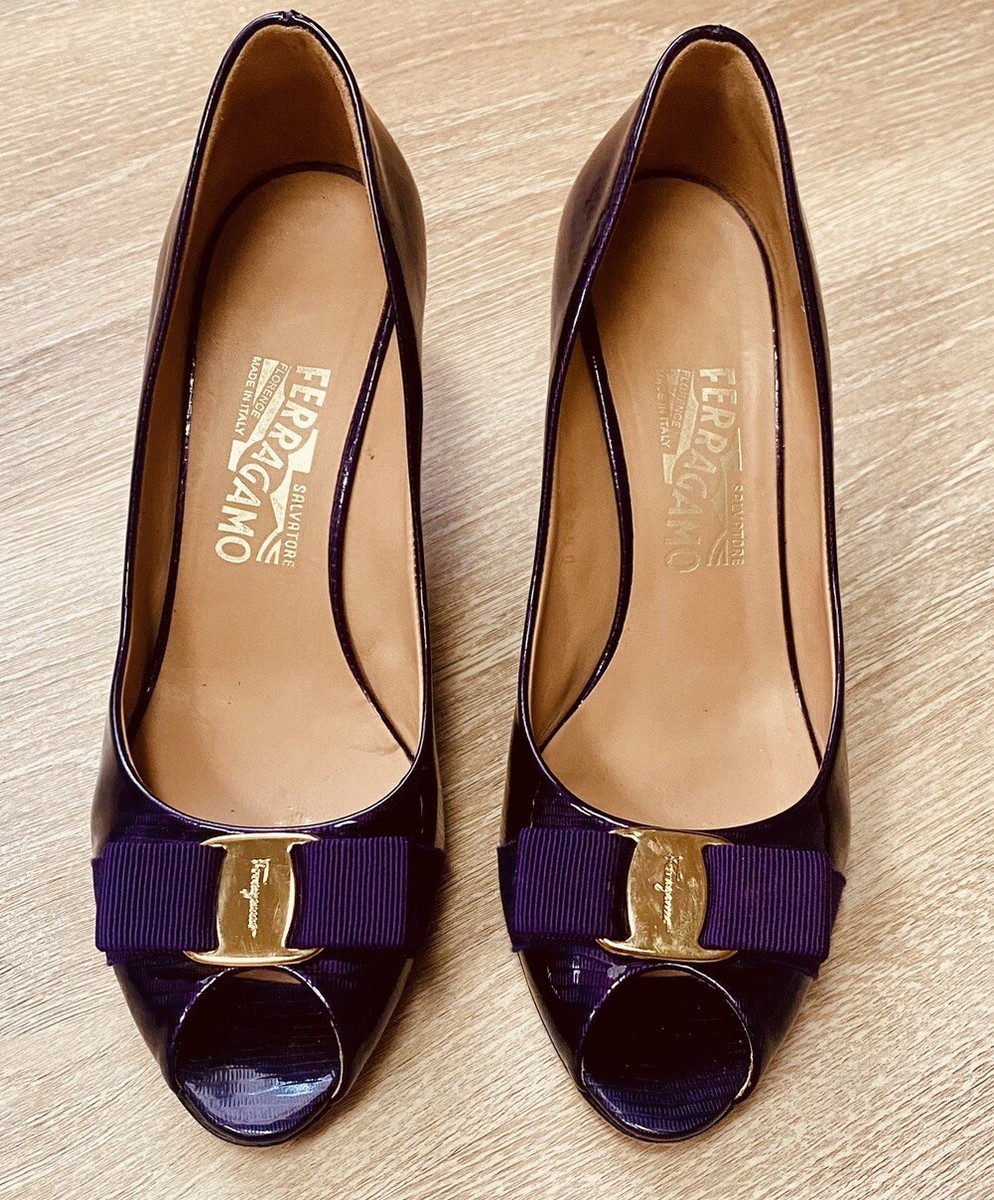 Salvatore Ferragamo Purple Plum Gold Patent Leather Size 8 Ribes