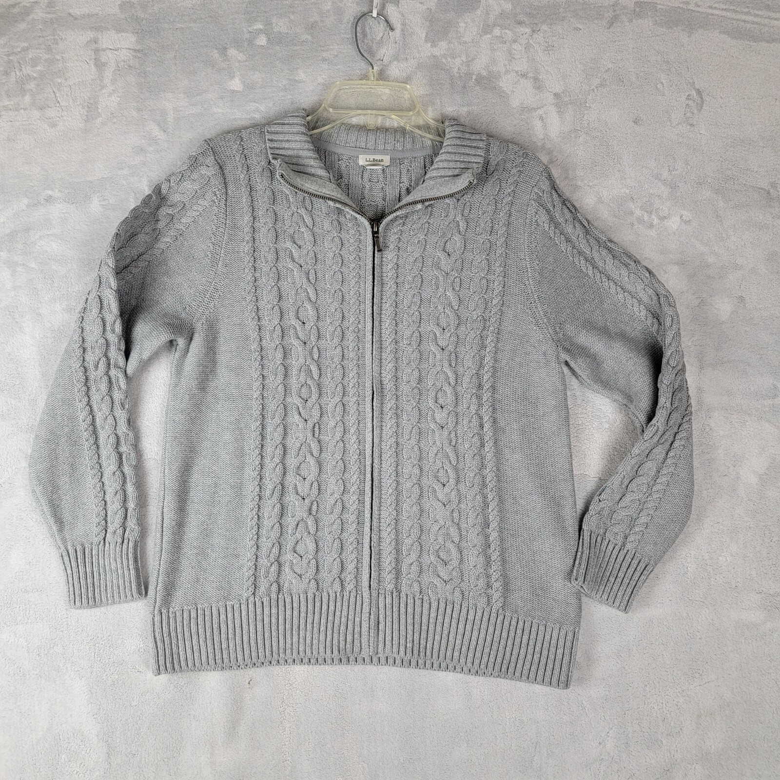 LL Bean Sweater Womens Large Petite Gray Cardigan Cable Knit Full Zip Classic