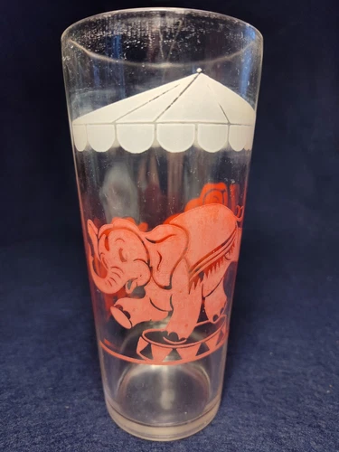 Vintage Hazel Atlas Highball Tumbler Glass Pink Red Dancing Circus Elephants USA
