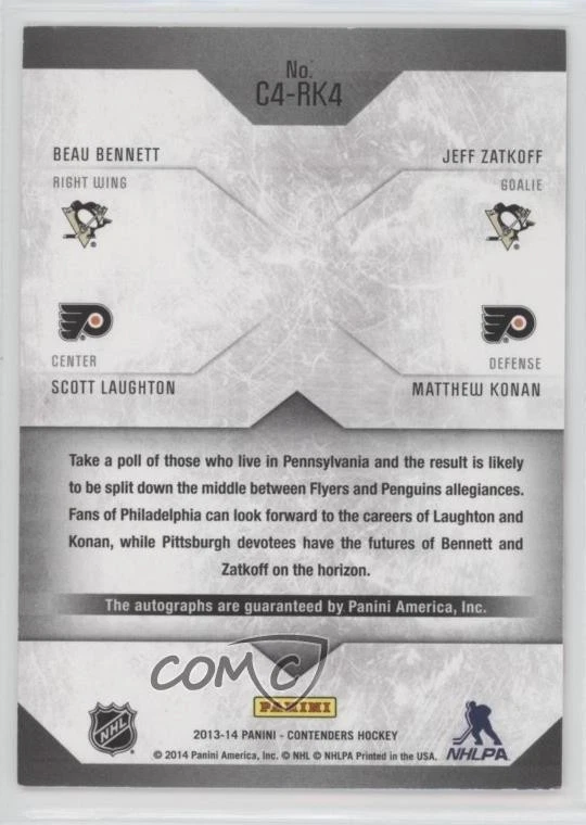 2013-14 Panini Playoff Contenders Fours Beau Bennett Jeff Zatkoff Rookie Auto RC - Image 2 of 2
