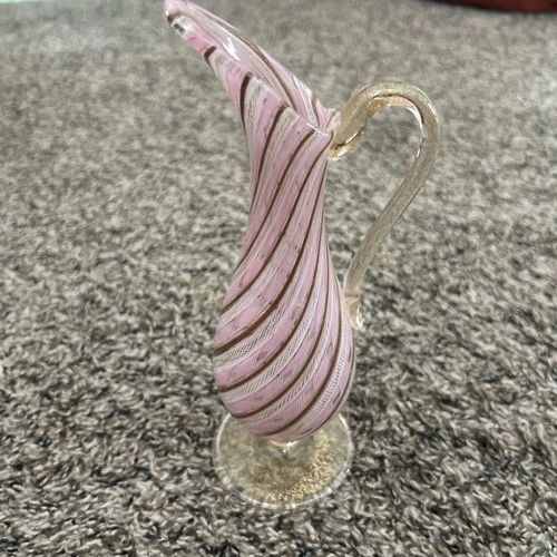 Vintage Murano Pink Ribbon Latticino Gold Flakes Italian Art Glass Pitcher 9”