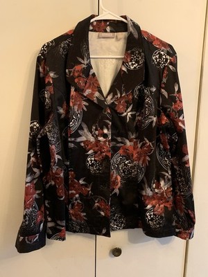 Chicos Black Red  Jacket Cotton SpandexMedallion Floral Blazer Sz 3 Excellent