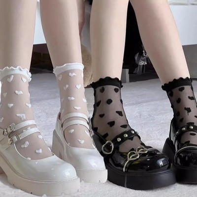 1/2pairs Black Transparent Socks Women Summer Elastic Heart Silk Stocking Crysta