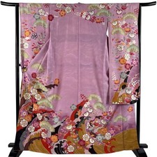 Woman Japanese Kimono Furisode Silk Pine Plum blossom Gold Foil Light purple