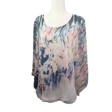 I.N. Studio Women Floral Flowy Top Large Sheer Flare Sleeve Fairy Coquette Pink