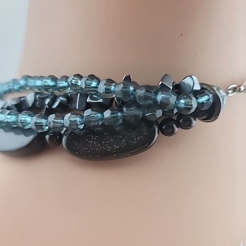 Multi Strand Wood Hematite Beaded Dusty Blue Shell Pendant Necklace, 16-19" - Picture 10 of 19